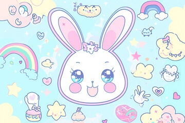 Obraz na płótnie Canvas Cute Cartoon Animal Print: Seamless Illustration Pattern with Happy Bunny on Sweet Rabbit Design Funny Background