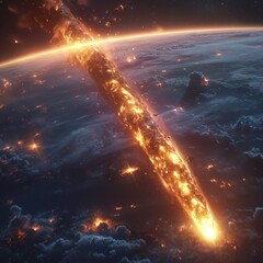 Many flaming asteroid meteors fall to earth which will endanger the earth globally, human fantasy imagination as a concept for astronomy, advertising,  knowledge, education etc. Generative ai