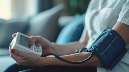 Woman checks blood pressure monitor and heart rate - obrazy, fototapety, plakaty