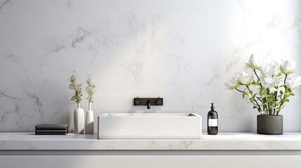 White marble counter tabletop in modern luxury bathroom background.