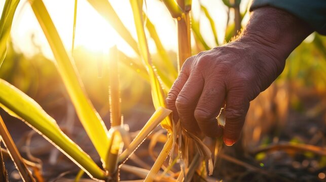 Close-up of hands tending sugar cane in the sunset light.