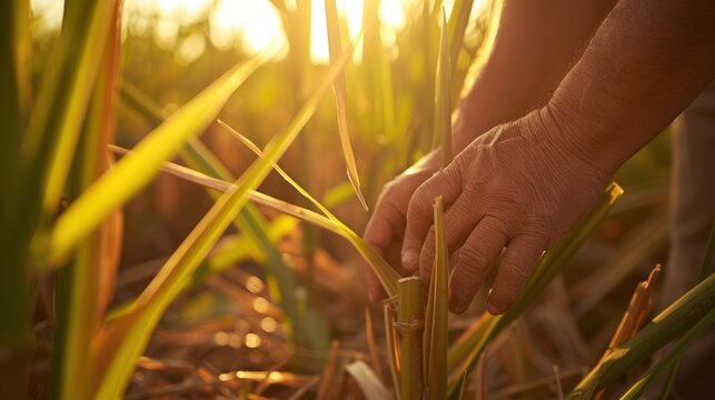 Close-up of hands tending sugar cane in the sunset light.