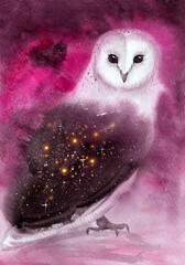 Watercolor painting of a barn white owl with a starry sky on black wings on a purple background (This illustration was drawn by hand without the use of generative AI!)
