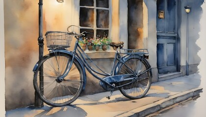 Fototapeta na wymiar Watercolor Painting: Evoking Nostalgia with a Vintage Bicycle Parked under a Streetlamp