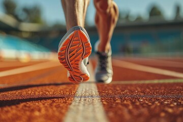 An athlete's calves and running shoes blur in motion, epitomizing peak exertion on a stadium...