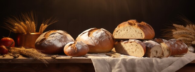 German bread sliced on a wood board.Gold crusty loaves of bread and buns on black chalkboard background. Bakery