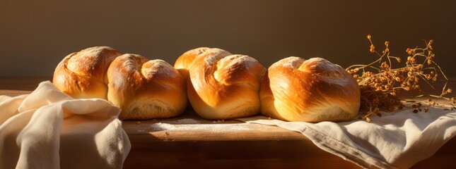 German bread sliced on a wood board.Gold crusty loaves of bread and buns on black chalkboard background. Bakery