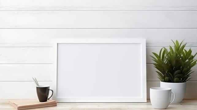 White frame mockups on bench, table. Coffee on books with potted plant. White wall background. Scandinavian style, neutral tones. Artistic layout.