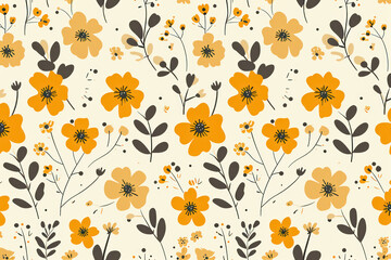Seamless Floral Pattern: A Delicate Summer Meadow of Small Daisy Blooms in a Modern Retro Style Illustration - obrazy, fototapety, plakaty