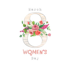 March 8 Women's Day creative greeting card with handdrawn style symbol and vintage flowers and leaves. Calendar page with pink and red roses. Postcard design. Isolated number with clipping mask.