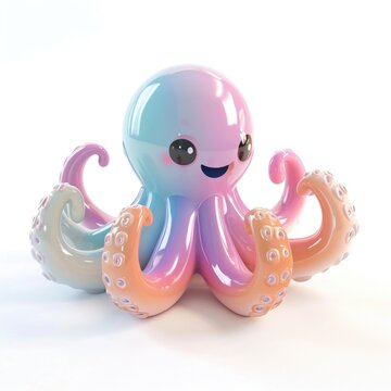 An octopus toy sitting on top of a white surface. Funny cute inflatable toy on white background.