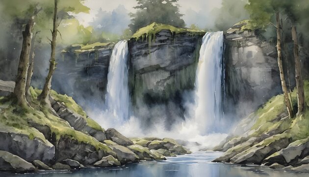 Watercolor Painting of a Majestic Waterfall Cascading Down Moss Covered Rocks