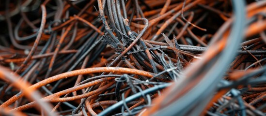 Recycling black and white copper wire scrap includes non-ferrous metals like beryllium copper wire, bare bright electrical wiring, and bright shiny copper wires. - obrazy, fototapety, plakaty