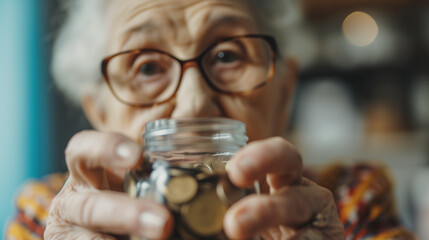 Elderly woman holding a jar of coins. Saving money with a pension fund among senior people. AI generated - obrazy, fototapety, plakaty