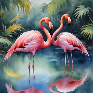 Watercolor Painting A Pair of Elegant Flamingos Wading in a Tropical Lagoon