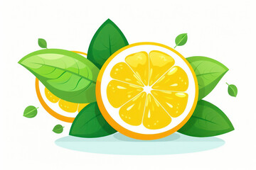 Fresh Citrus Slice on Green Leaf: A Vibrant and Juicy Lemon and Orange Illustration on a Tropical Yellow Background.