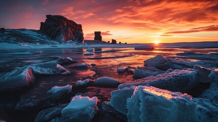 ancient allure of an Arctic tundra landscape at sunset featuring icy expanses and the silhouette of ancient structures against the twilight