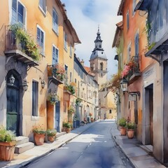 Fototapeta na wymiar Watercolor Painting of a Quaint European Street Lined with Colorful Buildings