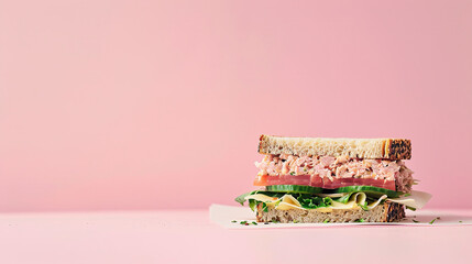 professional food photography tuna sandwich with empty copy space, and plain background, restaurant advertising - obrazy, fototapety, plakaty