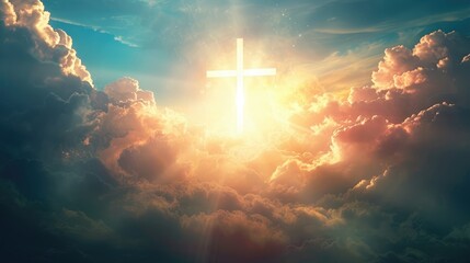 Christian cross appears bright in the sky background - obrazy, fototapety, plakaty