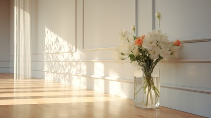 In a hallway with wooden flooring and white trimmed walls, there is a vase of flowers on a glass block wall.