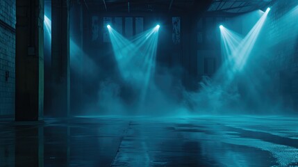 Dark street, wet asphalt, reflections of rays in the water. Abstract dark blue background, smoke, smog. Empty dark scene, neon light, spotlights. Concrete floor