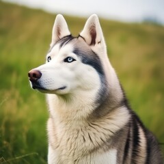 Profile portrait of a purebred Siberian Husky dog in the nature. Siberian Husky dog portrait in a sunny summer day. Outdoor portrait of a beautiful Siberian Husky dog in a summer field. AI generated