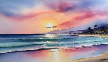 Watercolor Painting: Tranquil Beach at Sunset with Pastel Hues
