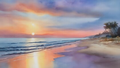 Fototapeta na wymiar Watercolor Painting: Tranquil Beach at Sunset with Pastel Hues