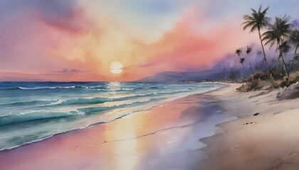 Watercolor Painting: Tranquil Beach at Sunset with Pastel Hues Painting the Sky