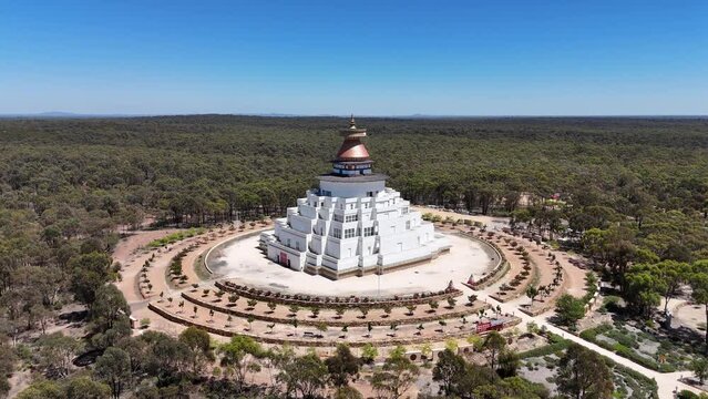 aerial view of The Great Stupa of Universal Compassion is a Buddhist monument and temple near Bendigo in central Victoria. Australia.