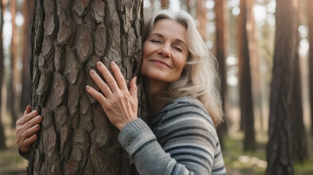 Happy adult lady hug tree trunk in outdoor leisure park activity. Concept of environment and ambient nature care. People love planet earth and stop deforestation lifestyle
