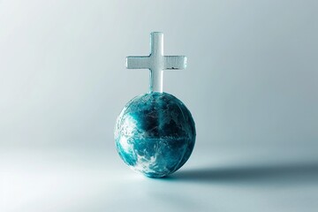The Cross of Jesus Christ stands superimposed on an Earth globe, with rays of light on a white background, symbolizing the worldwide mission to spread the word. - obrazy, fototapety, plakaty