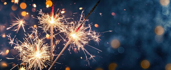 Silvester Festival Party New Year 2024 Fireworks background banner panorama - firework and sparklers on rustic dark blue night sky texture, Generative AI 