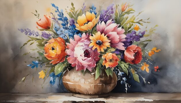 Watercolor Painting: Vibrant Bouquet of Assorted Flowers in a Rustic Vase