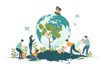 Global Environmental Conservation, Climate Change Awareness, Sustainable Living Concept, People Planting Trees and Recycling Waste.