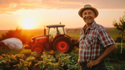 Smiling farmer standing next to tractor at sunset - obrazy, fototapety, plakaty