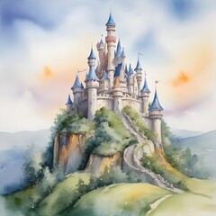Watercolor Painting: Whimsical Fairy Tale Castle Perched on a Hilltop