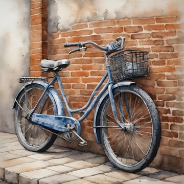 Watercolor Painting: Vintage Bicycle Leaning against a Weathered Brick Wall