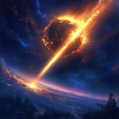 Many flaming asteroid meteors fall to earth which will endanger the earth globally, human fantasy imagination as a concept for astronomy, advertising,  knowledge, education etc. Generative ai