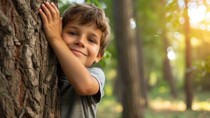 young boy hugging a tree