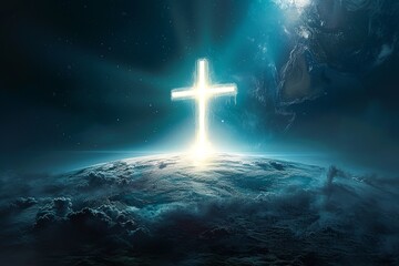 The Cross of Jesus Christ stands superimposed on an Earth globe, with rays of light on a white background, symbolizing the worldwide mission to spread the word. - obrazy, fototapety, plakaty