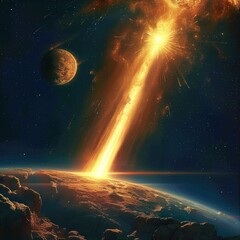 Obraz premium Many flaming asteroid meteors fall to earth which will endanger the earth globally, human fantasy imagination as a concept for astronomy, advertising, knowledge, education etc. Generative ai