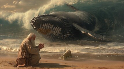 The Old Testament prophet Jonah was praying on the beach with whales visible in the ocean behind him.