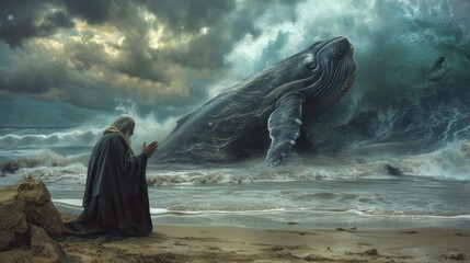The Old Testament prophet Jonah was praying on the beach with whales visible in the ocean behind him. - obrazy, fototapety, plakaty