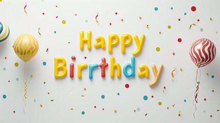a photo text of word " Happy Birthday " in yellow color with candels and ballons on white solid background
