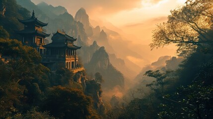 Ancient Chinese mountain landscape at sunset featuring mist-shrouded peaks and traditional pagodas in the fading light - obrazy, fototapety, plakaty