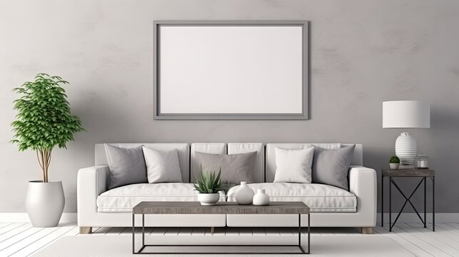 Gray living room interior with farmhouse style mock up frame, .