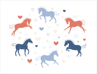 Group of horses standing, red and blue color scheme, clean design