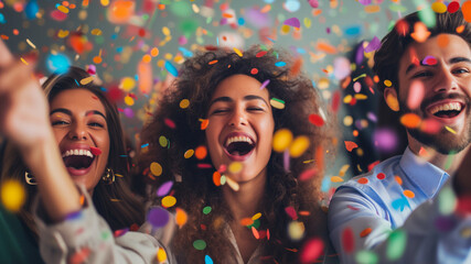 Vibrant party atmosphere with ecstatic faces. Friends capturing the essence of fun with a burst of confetti and laughter.